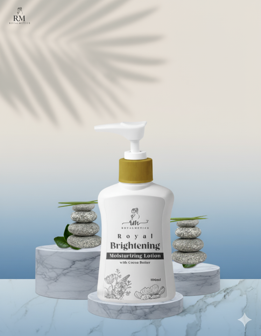 Royal Brightening Moisturizing Lotion bottle on a marble stand with a light background